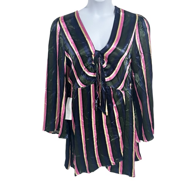 Topshop Stripe Knot Front Long Sleeve Minidress in Black Size 12 - NWT - Picture 2 of 9